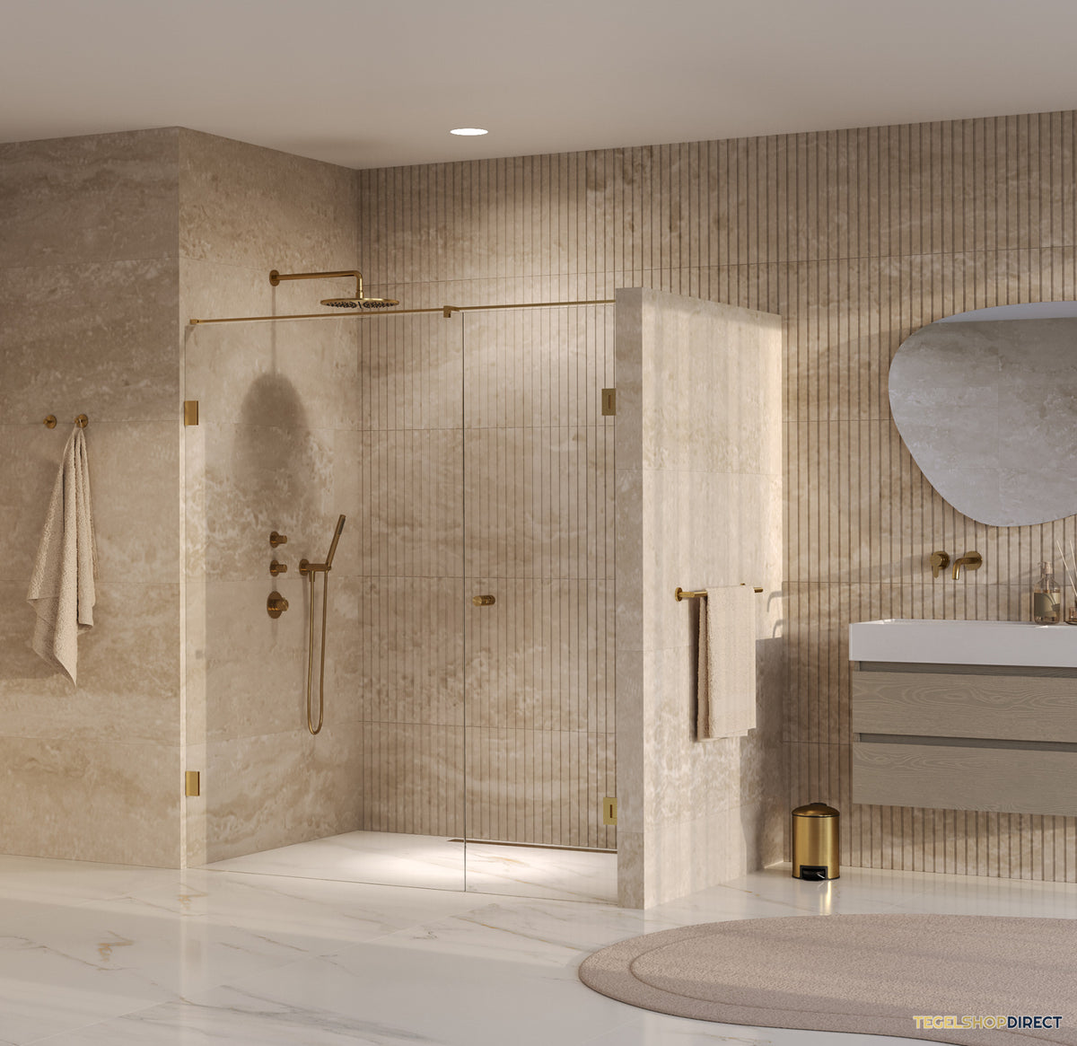 BRAUER Void Carving nisdeur 2-delig helder glas 170x200 omkeerbaar met draaideur 70 aan muur incl. glascoating PVD goud geborsteld – afbeelding 2