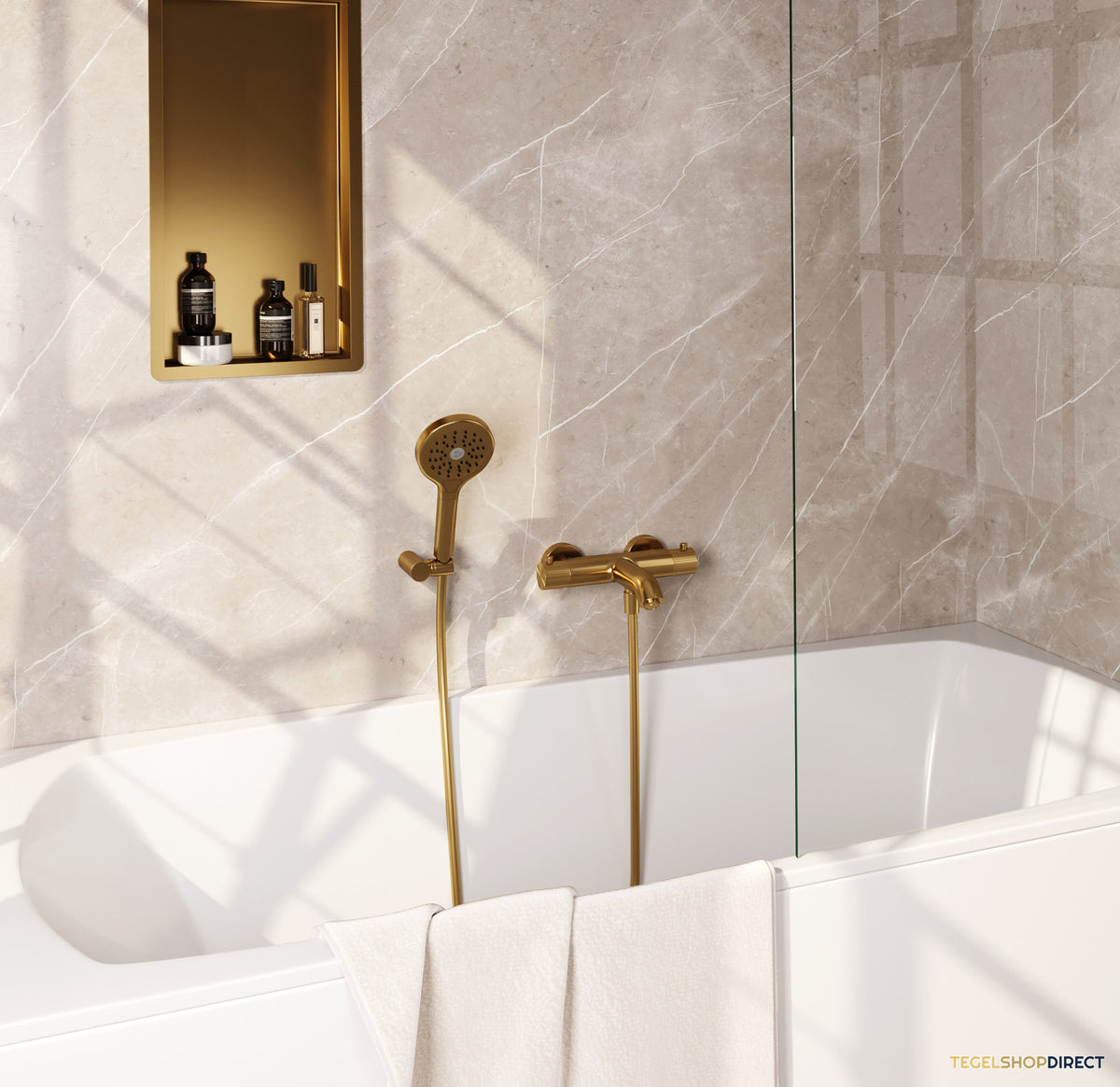 Brauer Stripe opbouw baddouche thermostaatkraan SET 04 met wandhouder en 3-standen handdouche en doucheslang goud geborsteld PVD