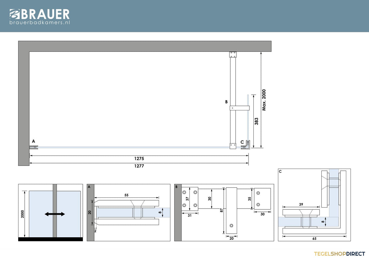 BRAUER Void inloopdouche helder glas 130x200 met 40 zijwand incl. glascoating PVD goud geborsteld – afbeelding 6