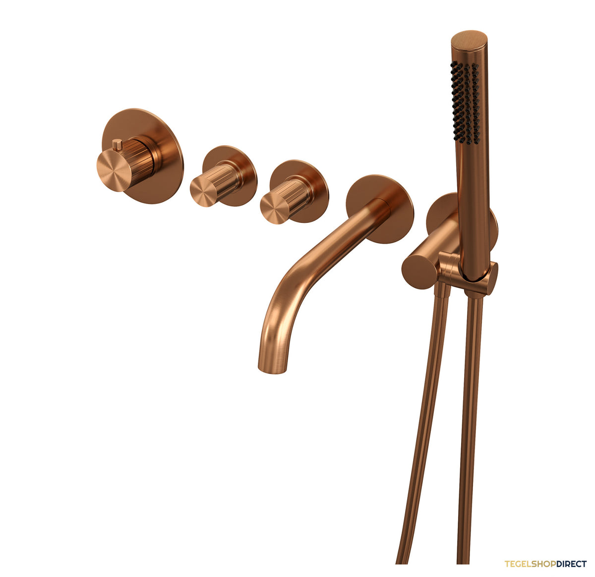Brauer Stripe thermostatische inbouw badkraan SET 01 met uitloop en staaf handdouche en doucheslang en wandaansluitbocht koper geborsteld PVD – afbeelding 2