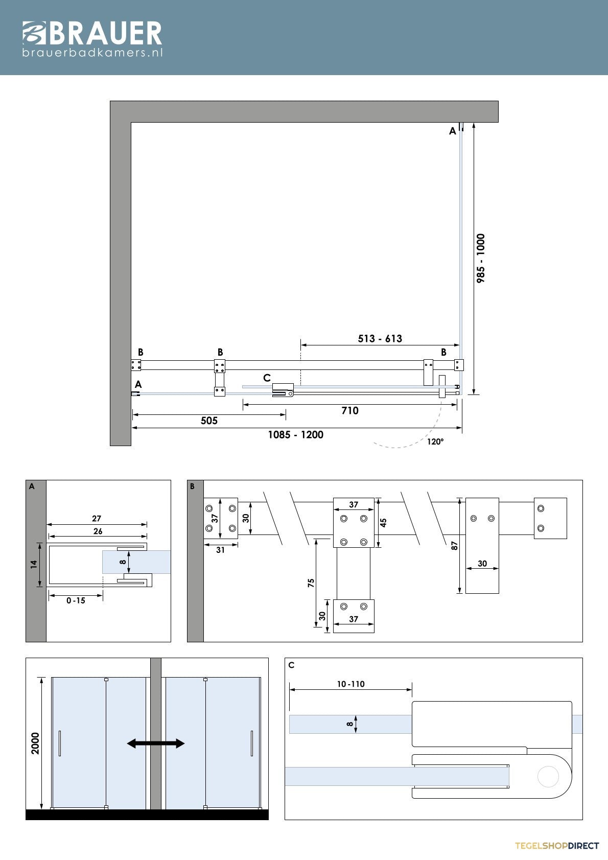 BRAUER Stellar douchecabine met draaideur helder glas 120x100x200 omkeerbaar incl. glascoating PVD gunmetal geborsteld – afbeelding 7