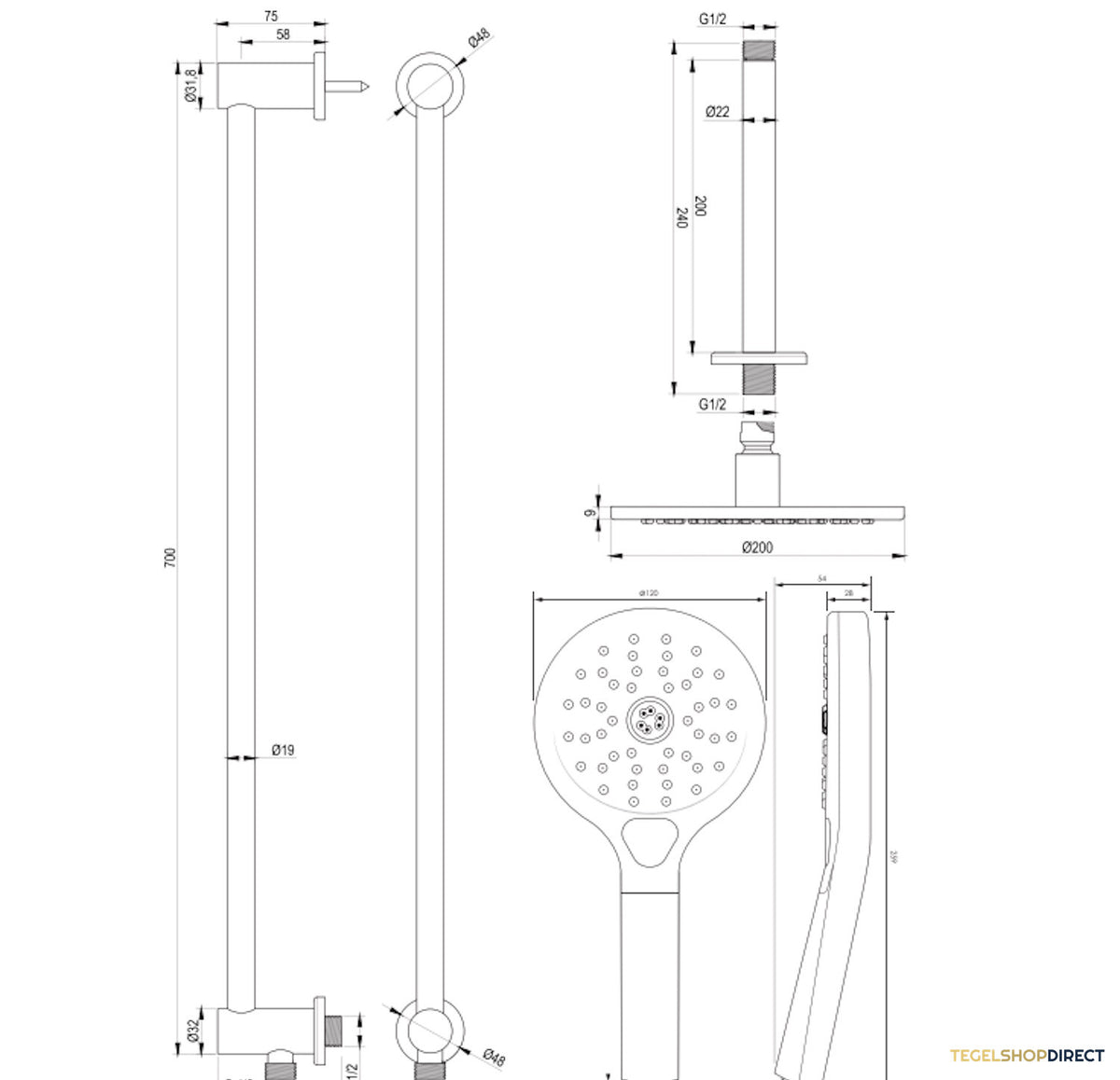 Thermostatische Inbouw Regendouche Brauer Carving Edition Met Drukknoppen SET 71 Met 20 cm Douchekop En Plafondarm En Staaf 3-Standen Handdouche En Doucheslang En Geintergreerde Glijstang RVS Geborsteld PVD – afbeelding 11