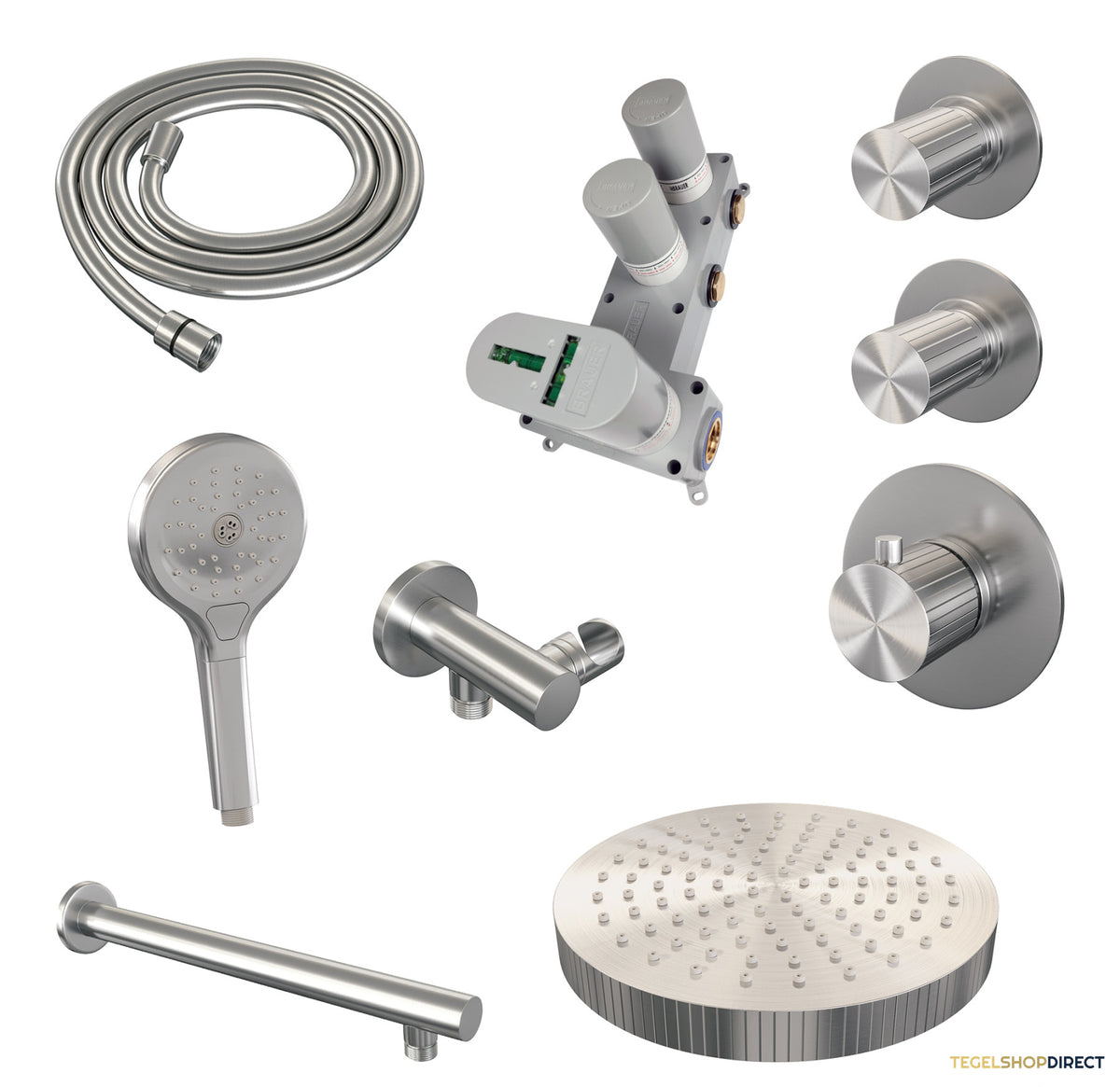 Brauer Stripe thermostatische inbouw regendouche SET 04 met 25 cm douchekop en rechte muurarm en 3-standen handdouche en doucheslang en wandaansluitbocht RVS-kleurig geborsteld PVD – afbeelding 3