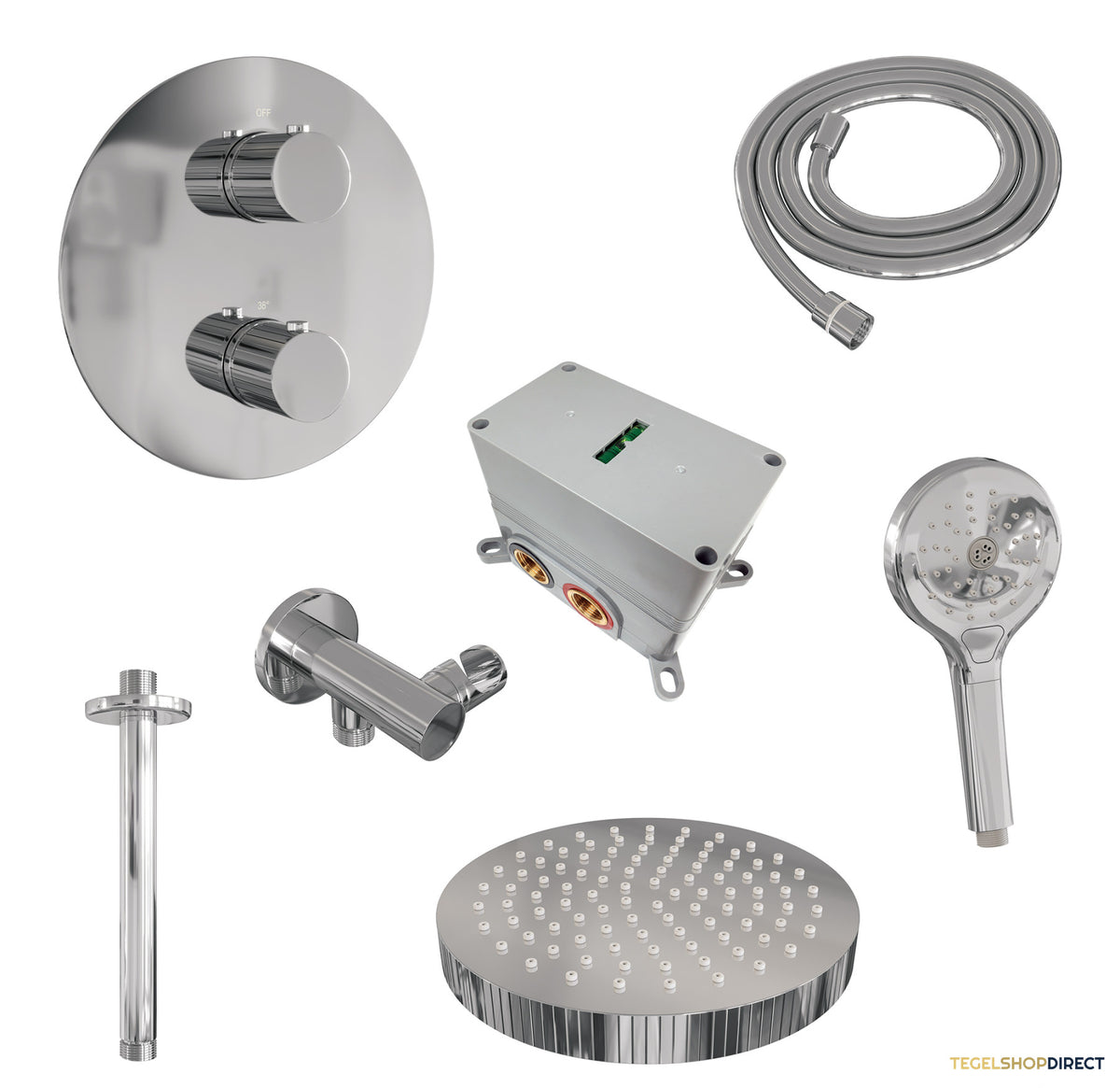 Brauer Stripe thermostatische inbouw regendouche 3-weg rond SET 42 met 25 cm douchekop en plafondarm en 3-standen handdouche en doucheslang en wandaansluitbocht chroom – afbeelding 3