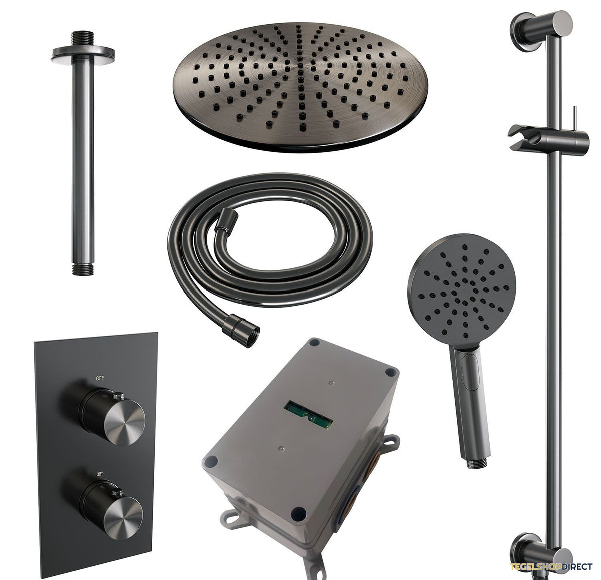 Regendoucheset Inbouw Brauer Gunmetal Edition Thermostatisch 30cm met 3-Weg Omstelling, Plafondarm, Glijstang en Handdouche 3-Standen Geborsteld Gunmetal – afbeelding 3