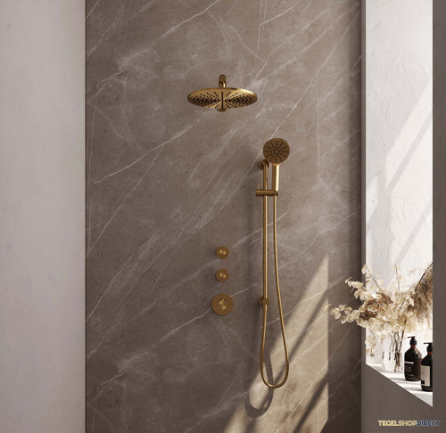 Regendoucheset Inbouw Brauer Gold Edition Thermostatisch 30cm met Wandarm, Glijstang en Handdouche 3-Standen Losse Stopkranen Geborsteld Goud