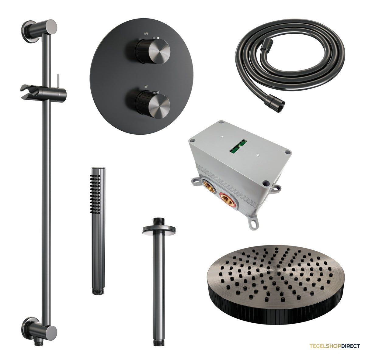 Brauer Stripe thermostatische inbouw regendouche 3-weg rond SET 45 met 25 cm douchekop en plafondarm en staaf handdouche en doucheslang en geintegreerde glijstang gunmetal geborsteld PVD – afbeelding 3
