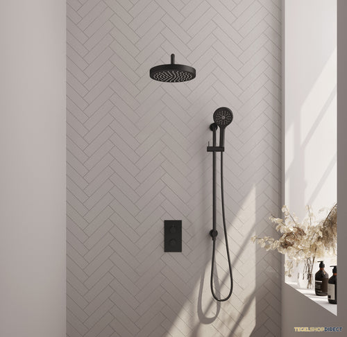Brauer Stripe thermostatische inbouw regendouche 3-weg rechthoekig SET 23 met 25 cm douchekop en gebogen muurarm en 3-standen handdouche en doucheslang en geintegreerde glijstang mat zwart