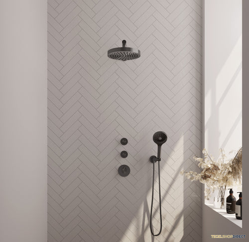 Brauer Stripe thermostatische inbouw regendouche SET 04 met 25 cm douchekop en rechte muurarm en 3-standen handdouche en doucheslang en wandaansluitbocht gunmetal geborsteld PVD
