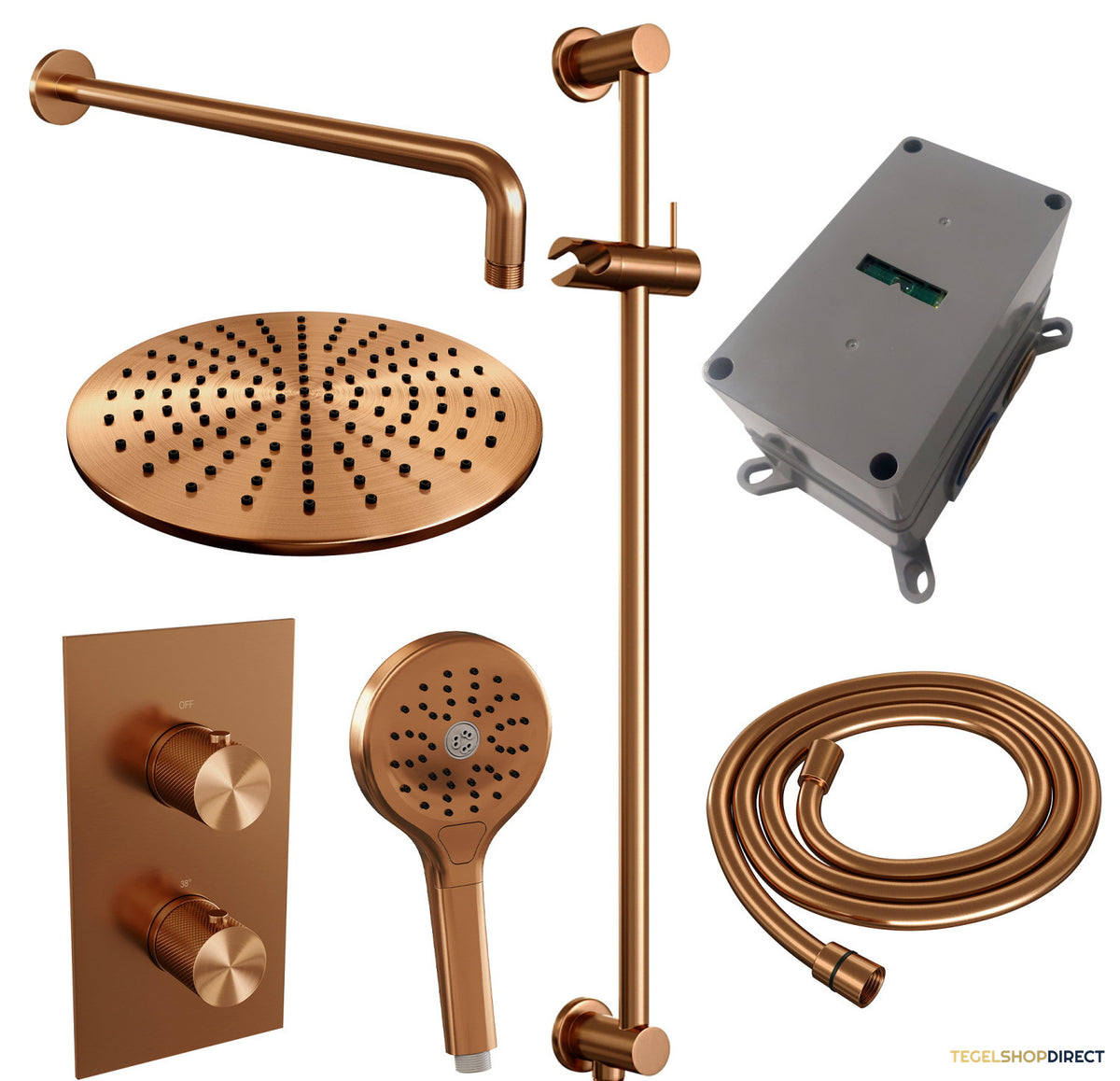 Regendoucheset Inbouw Brauer Copper Carving Thermostatisch 30cm met 3-Weg Omstelling, Gebogen Wandarm, Glijstang en 3-Standen Handdouche Geborsteld Koper – afbeelding 4