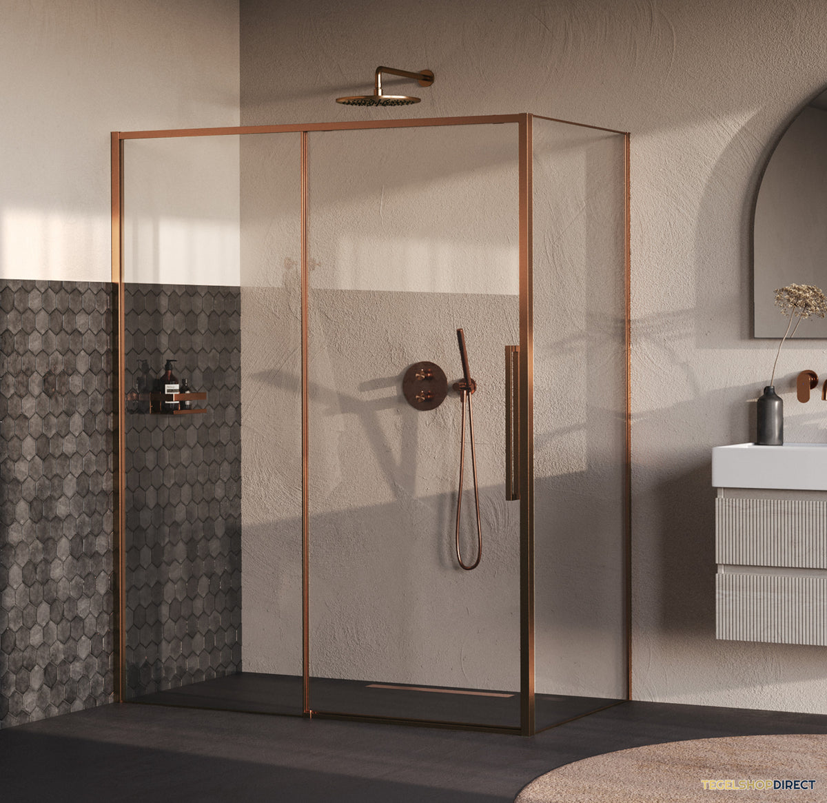 BRAUER Galactic Douchecabine Met Schuifdeur 160x90x200 Omkeerbaar Helder Glas Incl. Glascoating PVD Koper Geborsteld