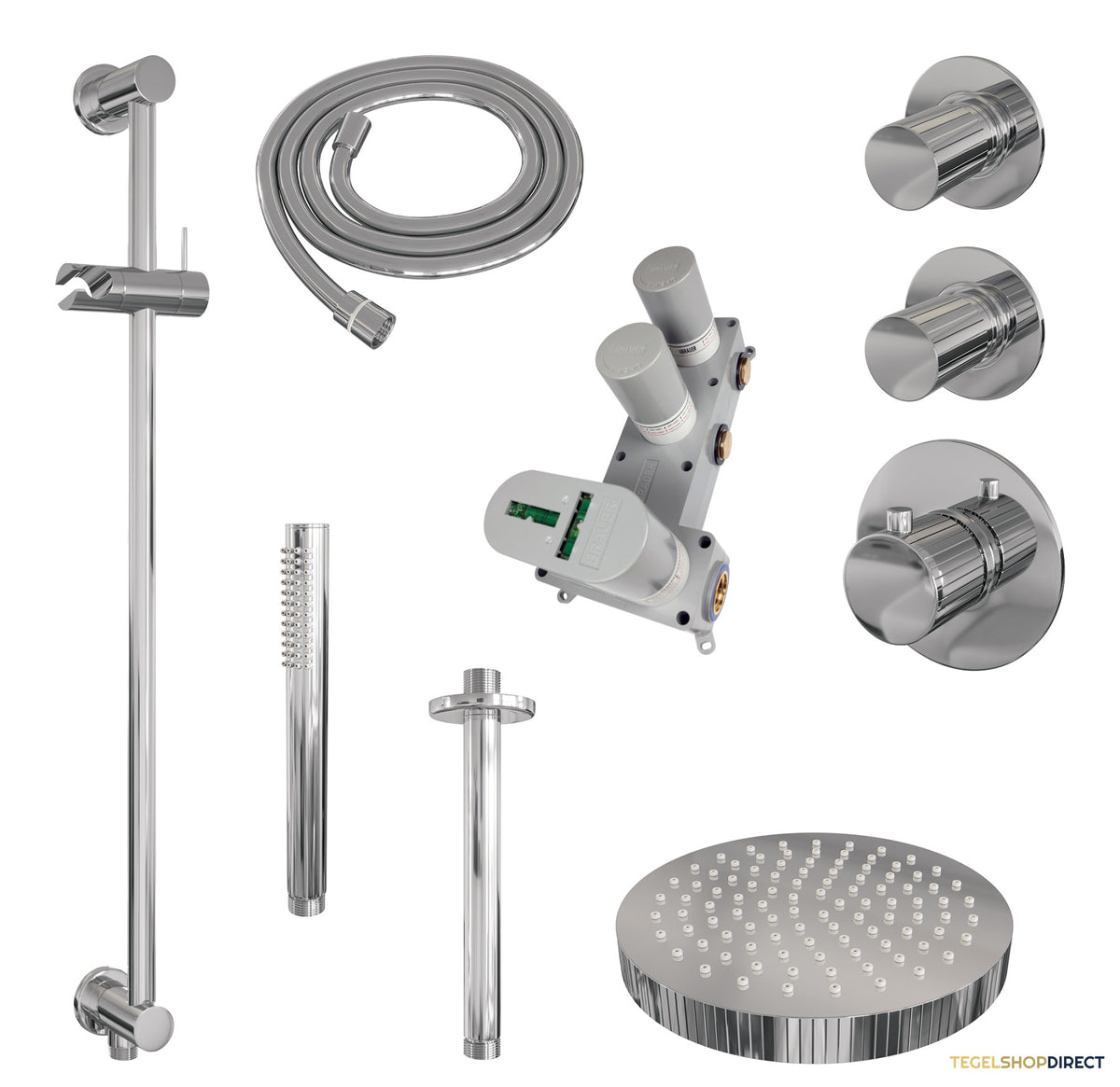 Brauer Stripe thermostatische inbouw regendouche SET 09 met 25 cm douchekop en plafondarm en staaf handdouche en doucheslang en geintegreerde glijstang chroom – afbeelding 3