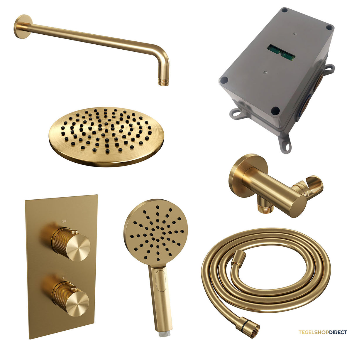 Regendoucheset Inbouw Brauer Gold Carving Thermostatisch 20cm met 3-Weg Omstelling, Gebogen Wandarm en 3-Standen Handdouche Geborsteld Goud – afbeelding 4