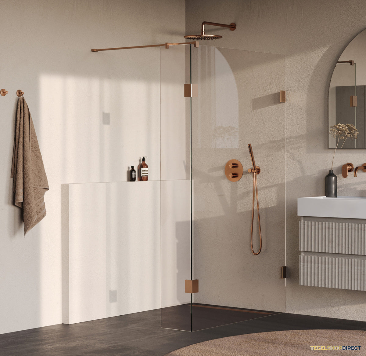 BRAUER Void inloopdouche helder glas 120x200 met 30 zijwand incl. glascoating PVD koper geborsteld