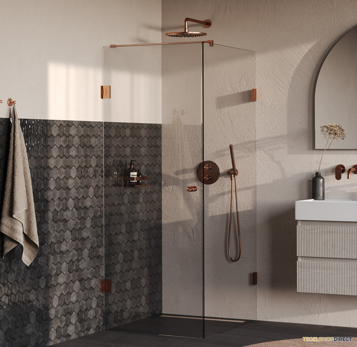 BRAUER Void Carving douchecabine met draaideur helder glas 90x100x200 incl. glascoating PVD koper geborsteld