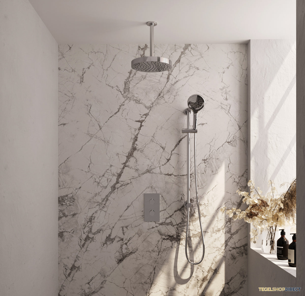 Brauer Stripe thermostatische inbouw regendouche 3-weg rechthoekig SET 24 met 25 cm douchekop en plafondarm en 3-standen handdouche en doucheslang en geintegreerde glijstang chroom