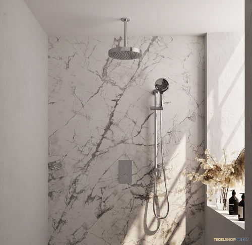 Brauer Stripe thermostatische inbouw regendouche 3-weg rechthoekig SET 24 met 25 cm douchekop en plafondarm en 3-standen handdouche en doucheslang en geintegreerde glijstang chroom