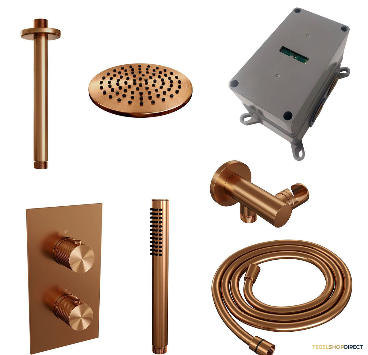 Regendoucheset Inbouw Brauer Copper Carving Thermostatisch 20cm met 3-Weg Omstelling, Plafondarm en Staaf Handdouche Geborsteld Koper – afbeelding 3