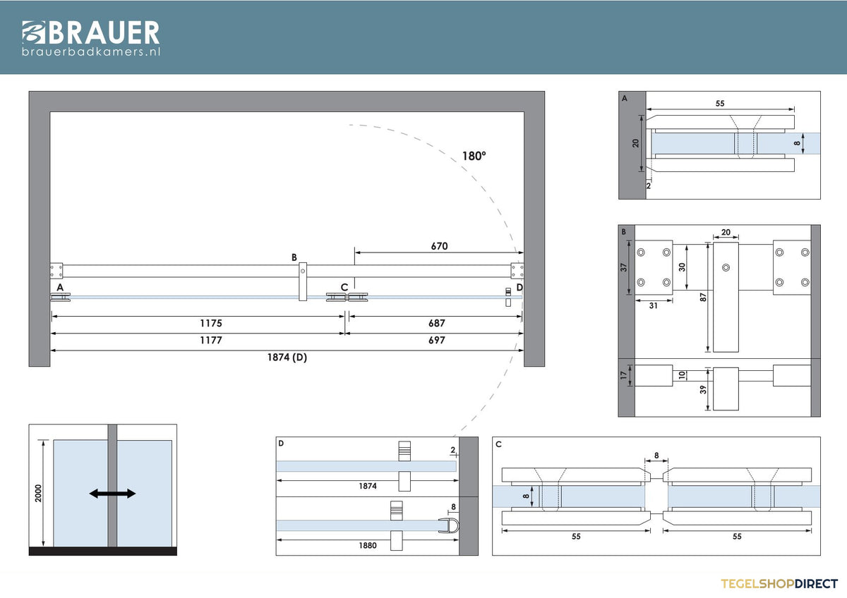 BRAUER Void nisdeur 2-delig helder glas 190x200 omkeerbaar met draaideur 70 aan glas incl. glascoating chroom – afbeelding 6