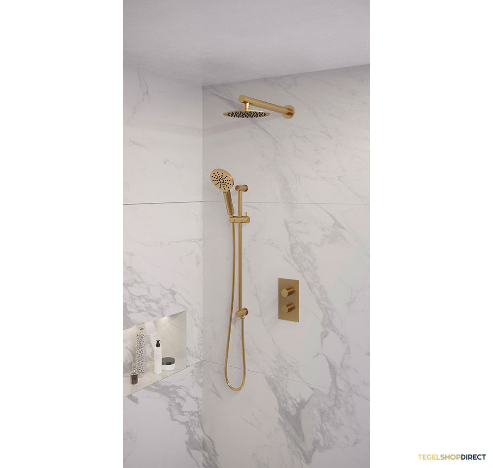 Regendoucheset Inbouw Brauer Gold Edition Thermostatisch 20cm met 3-Weg Omstelling, Wandarm, Glijstang en Handdouche 3-Standen Geborsteld Goud