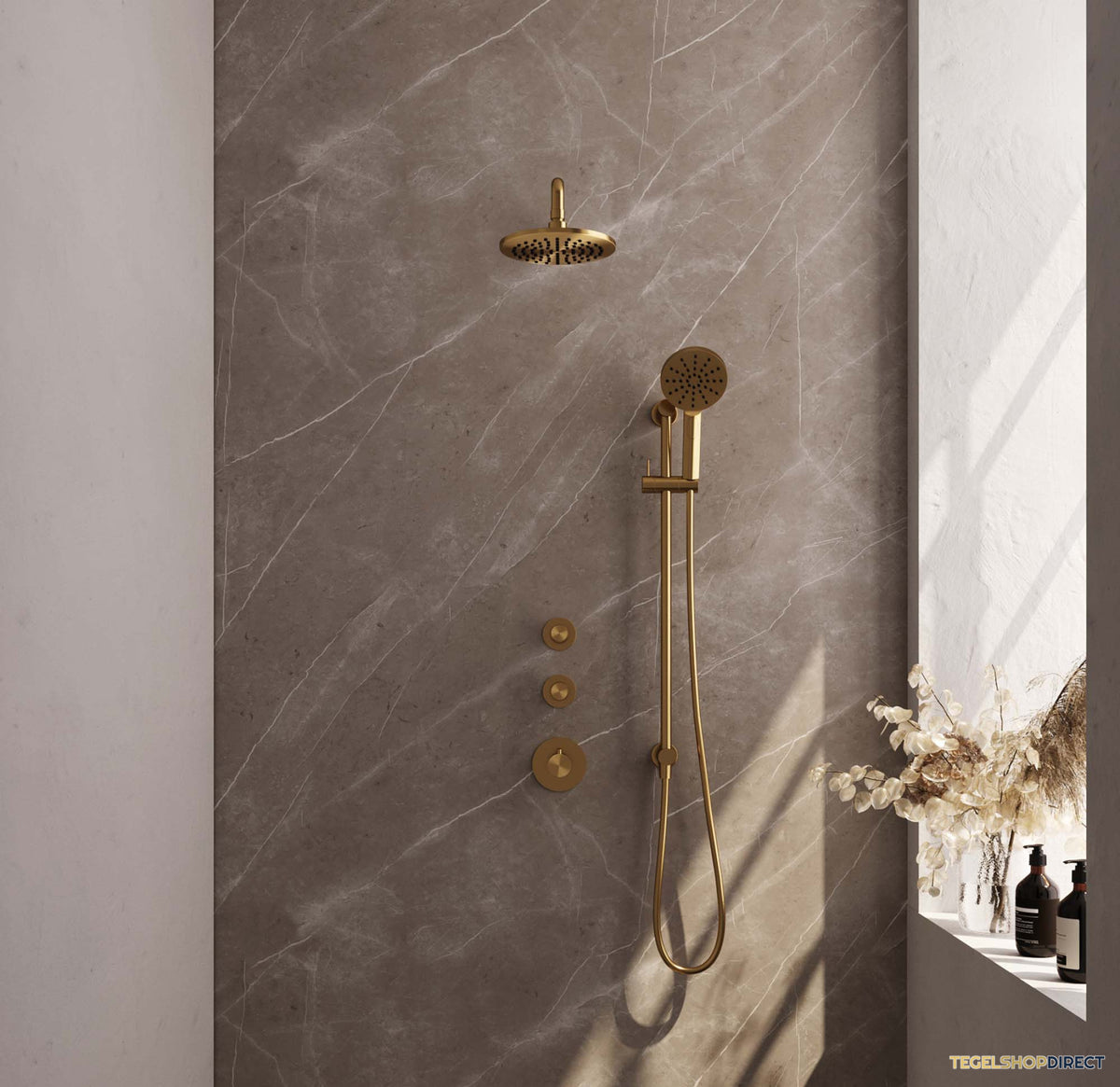 Regendoucheset Inbouw Brauer Gold Edition Thermostatisch 20cm met Gebogen Wandarm, Glijstang en Handdouche 3-Standen Losse Stopkranen Geborsteld Goud