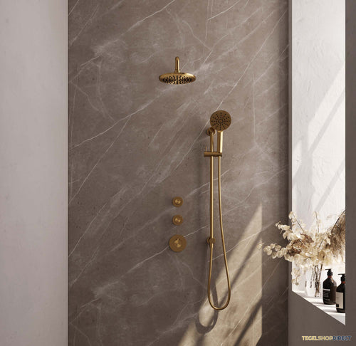 Regendoucheset Inbouw Brauer Gold Edition Thermostatisch 20cm met Gebogen Wandarm, Glijstang en Handdouche 3-Standen Losse Stopkranen Geborsteld Goud