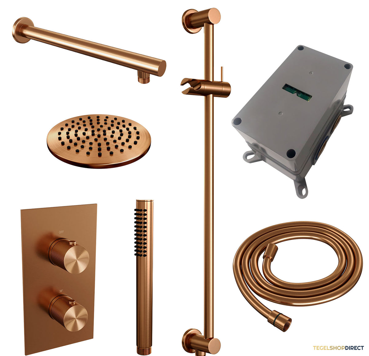 Regendoucheset Inbouw Brauer Copper Carving Thermostatisch 20cm met 3-Weg Omstelling, Wandarm, Glijstang en Staaf Handdouche Geborsteld Koper – afbeelding 3
