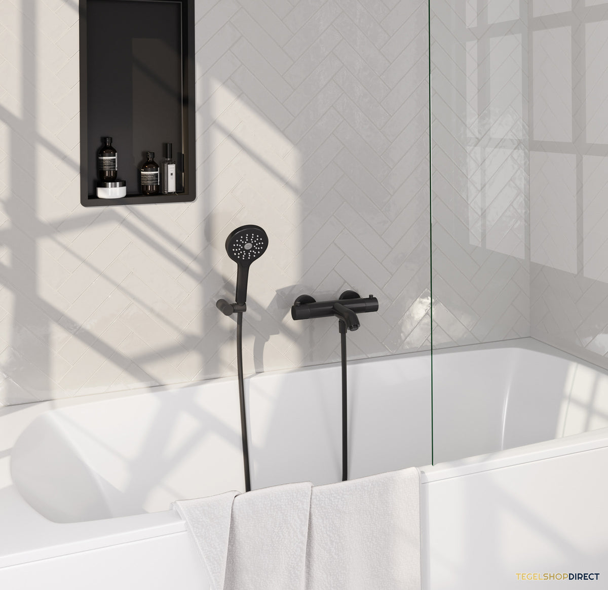 Brauer Stripe opbouw baddouche thermostaatkraan SET 04 met wandhouder en 3-standen handdouche en doucheslang mat zwart