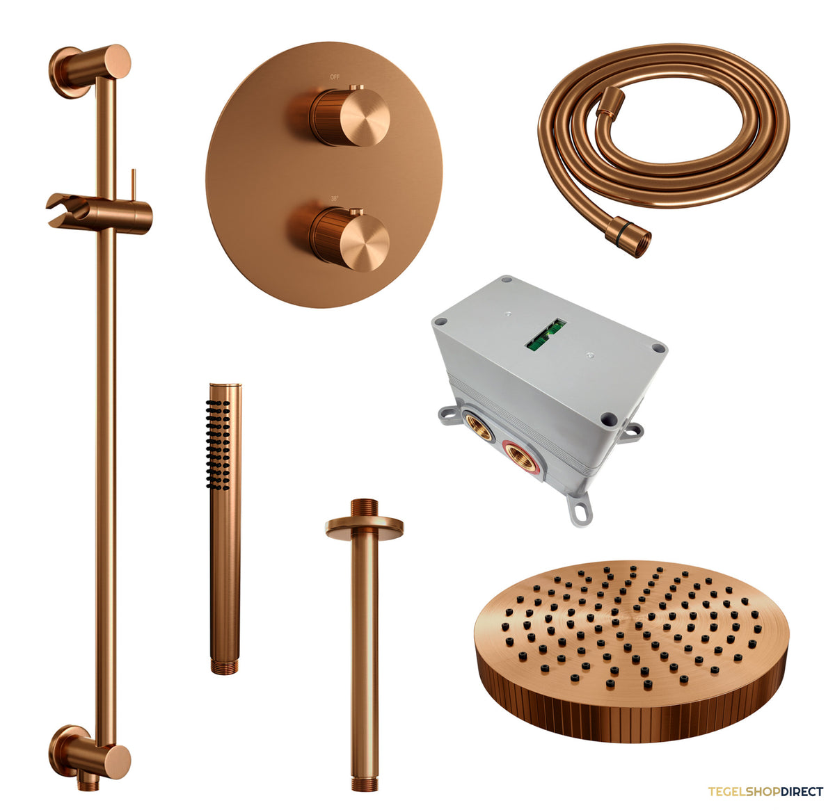Brauer Stripe thermostatische inbouw regendouche 3-weg rond SET 45 met 25 cm douchekop en plafondarm en staaf handdouche en doucheslang en geintegreerde glijstang koper geborsteld PVD – afbeelding 3