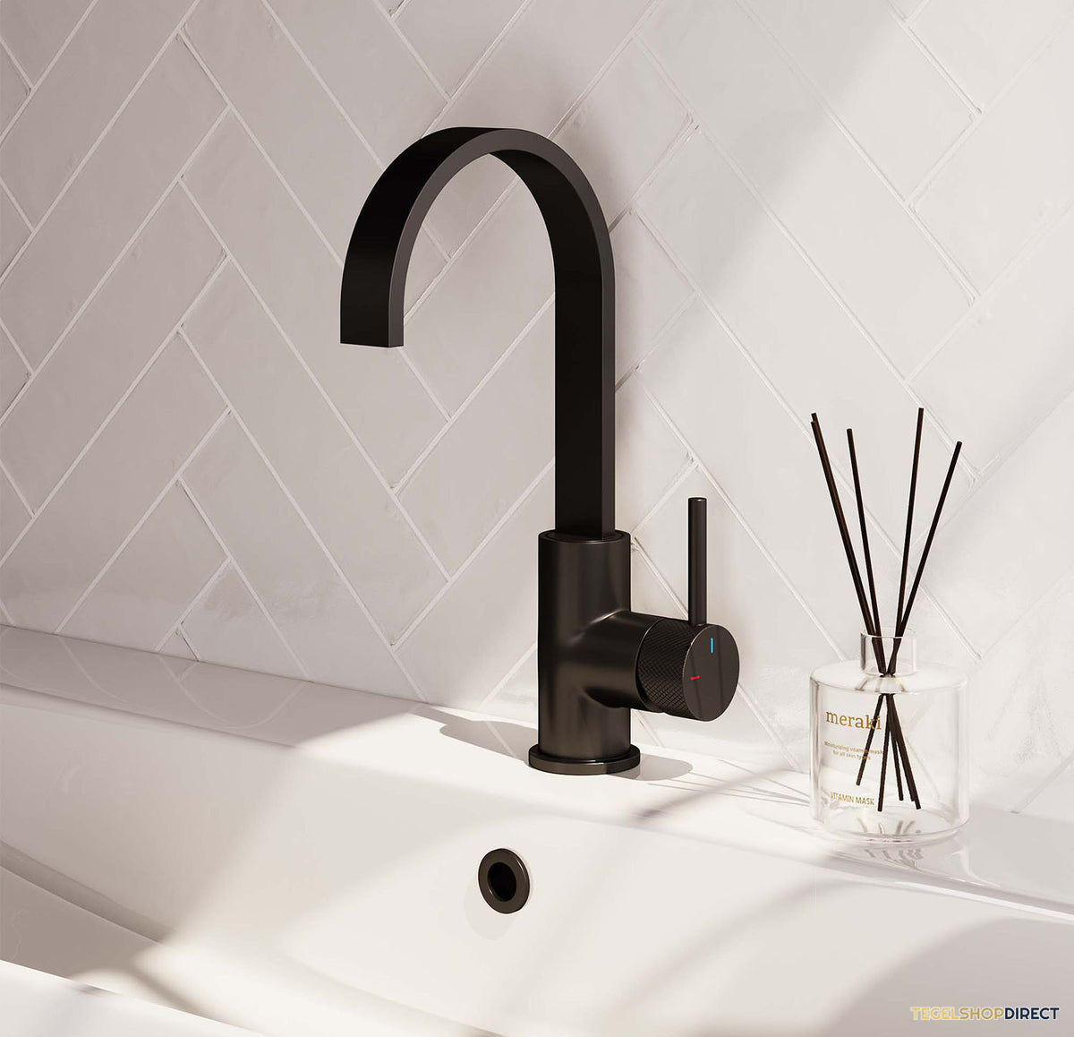 Wastafelmengkraan Brauer Black Carving Coldstart Opbouw Hoog Plat Gebogen Ronde Hendel Mat Zwart – afbeelding 2