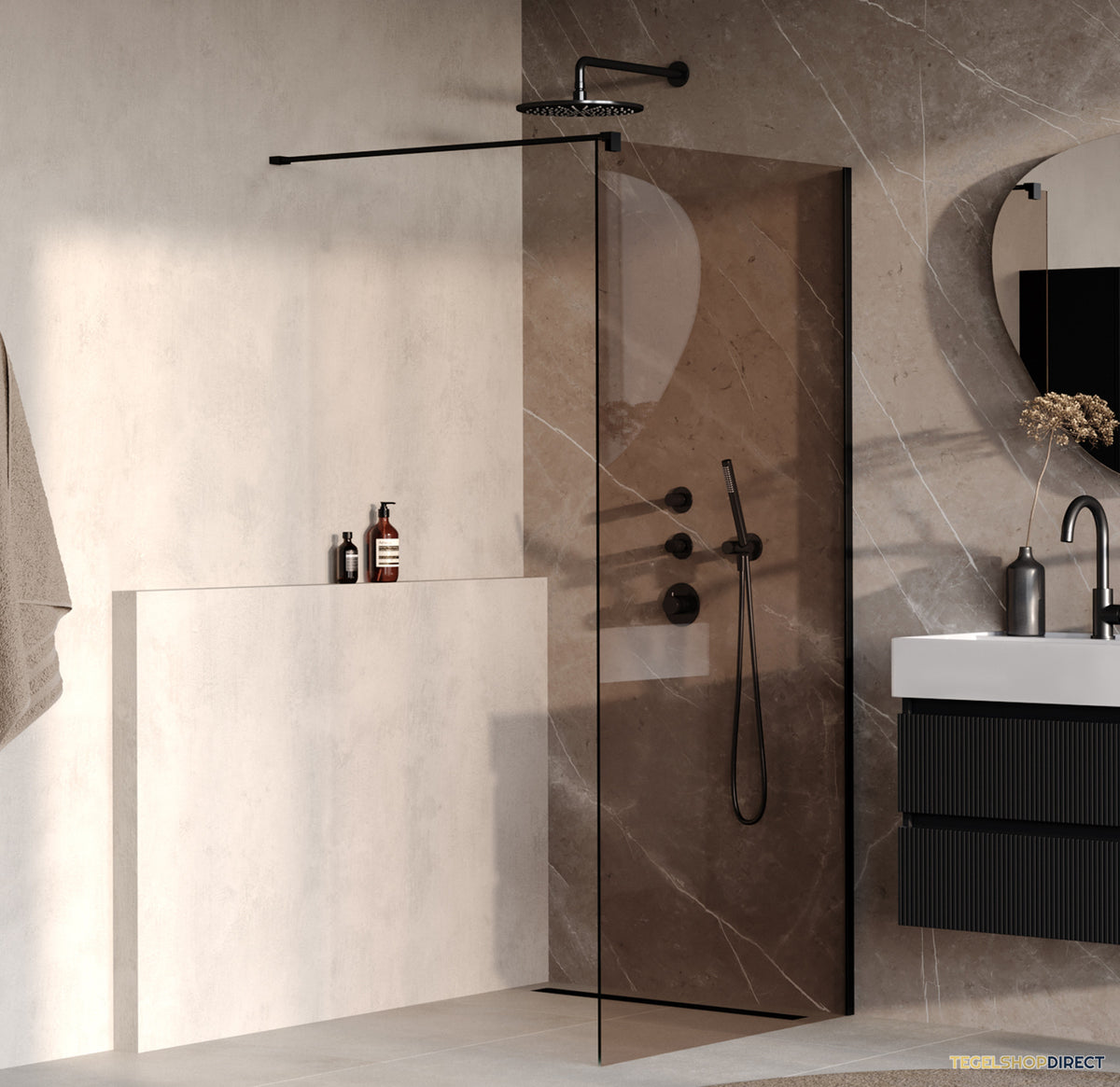 BRAUER Oblivion inloopdouche brons glas 90x200 incl. glascoating mat zwart