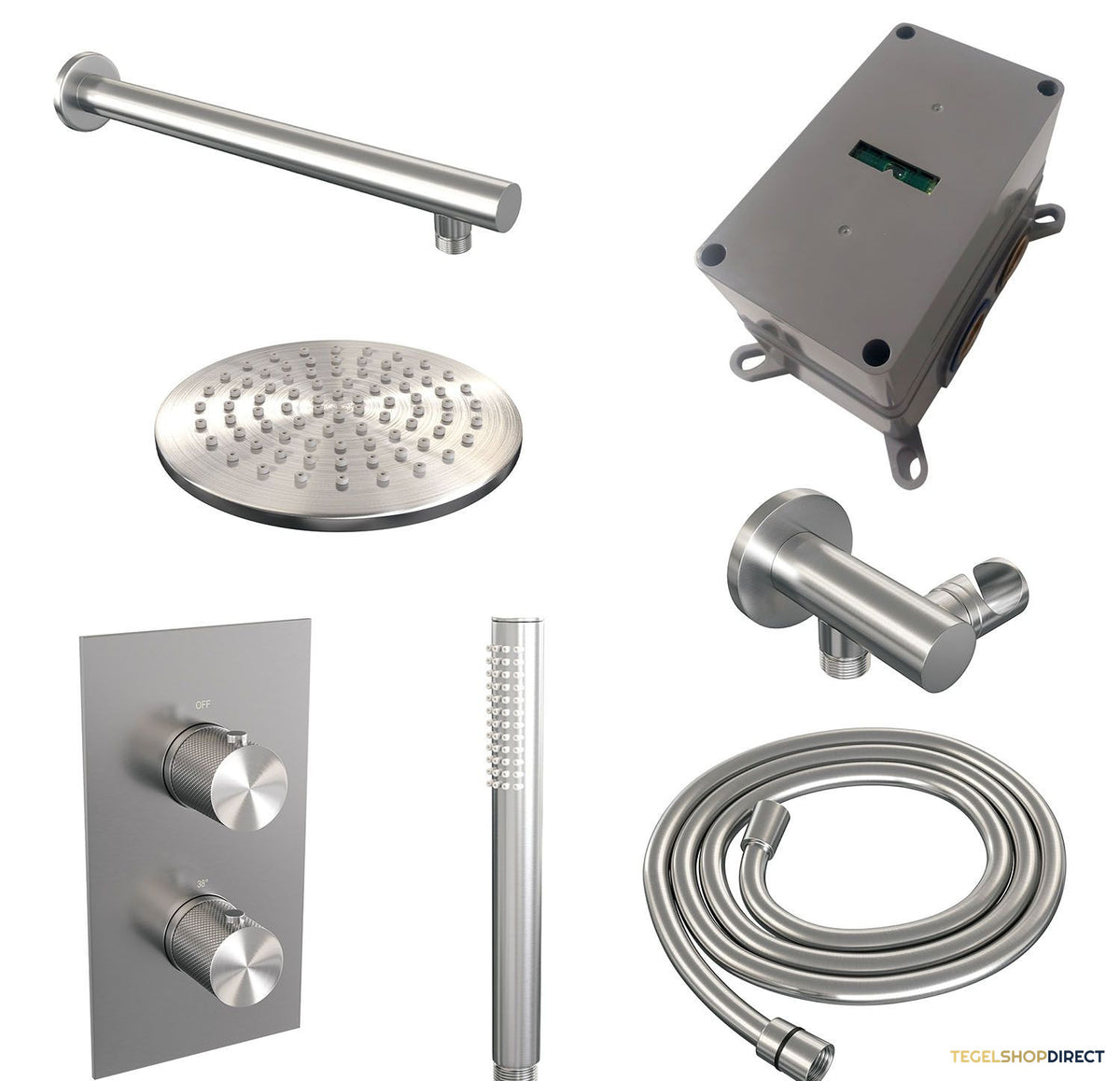 Regendoucheset Inbouw Brauer Brushed Carving Thermostatisch 20cm met 3-Weg Omstelling, Wandarm en Staaf Handdouche Geborsteld RVS – afbeelding 3