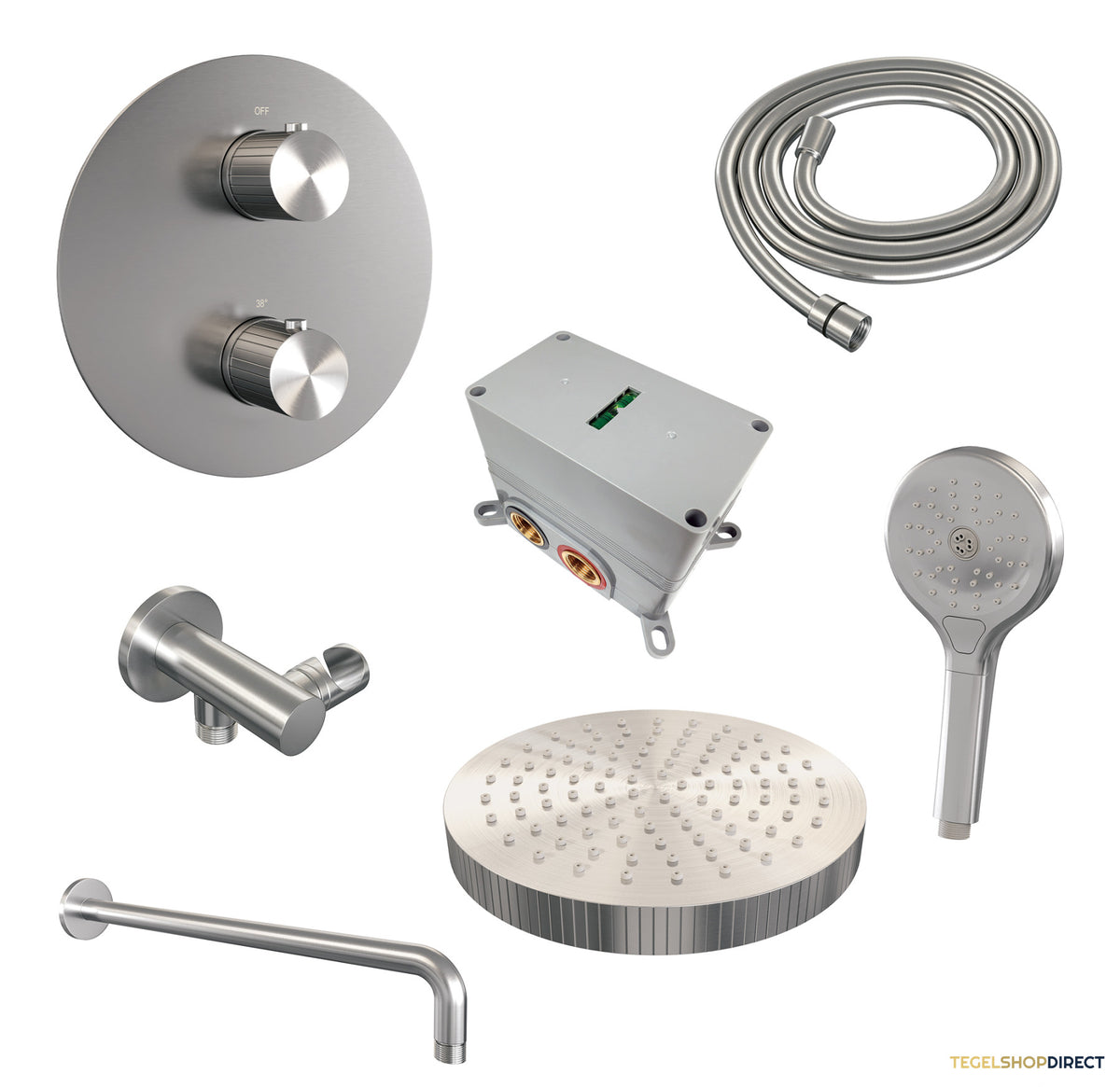 Brauer Stripe thermostatische inbouw regendouche 3-weg rond SET 41 met 25 cm douchekop en gebogen muurarm en 3-standen handdouche en doucheslang en wandaansluitbocht RVS-kleurig geborsteld PVD – afbeelding 3