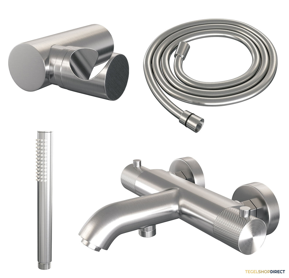 Opbouwset Bad- en Douchekraan Brauer Brushed Carving Thermostatisch Met Wandhouder Geborsteld RVS – afbeelding 2