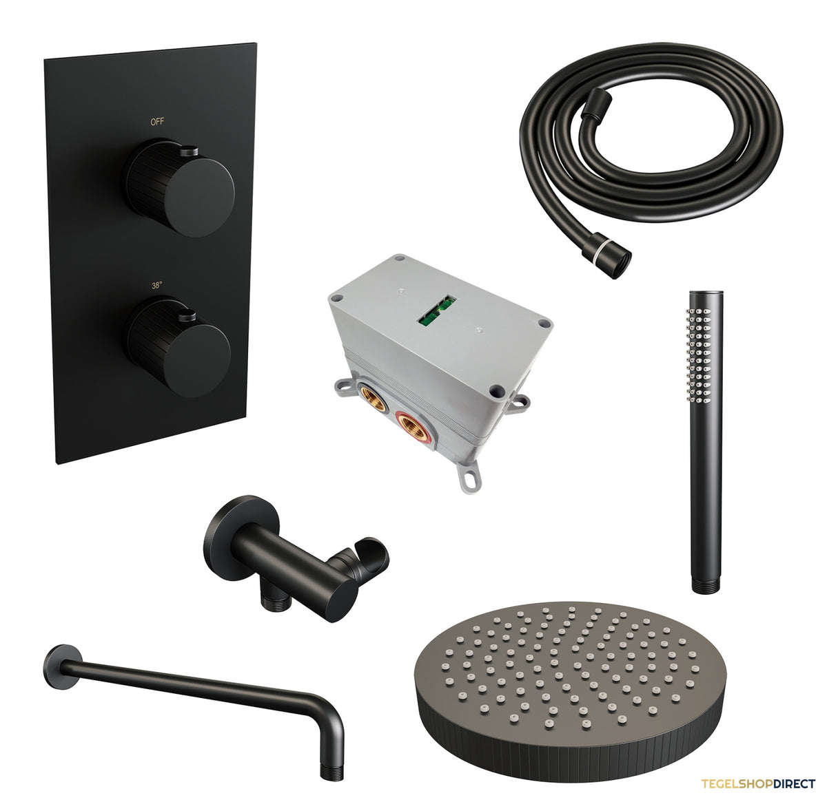 Brauer Stripe thermostatische inbouw regendouche 3-weg rechthoekig SET 14 met 25 cm douchekop en gebogen muurarm en staaf handdouche en doucheslang en wandaansluitbocht mat zwart – afbeelding 3