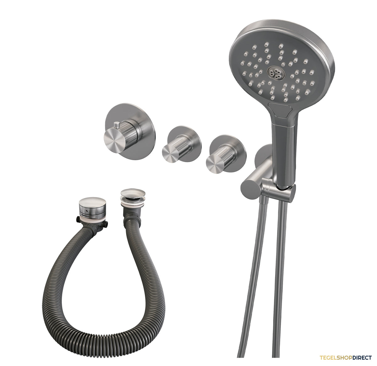 Brauer Stripe thermostatische inbouw badkraan SET 02 met badvulcombinatie en 3-standen handdouche en doucheslang en wandaansluitbocht RVS-kleurig geborsteld PVD – afbeelding 2