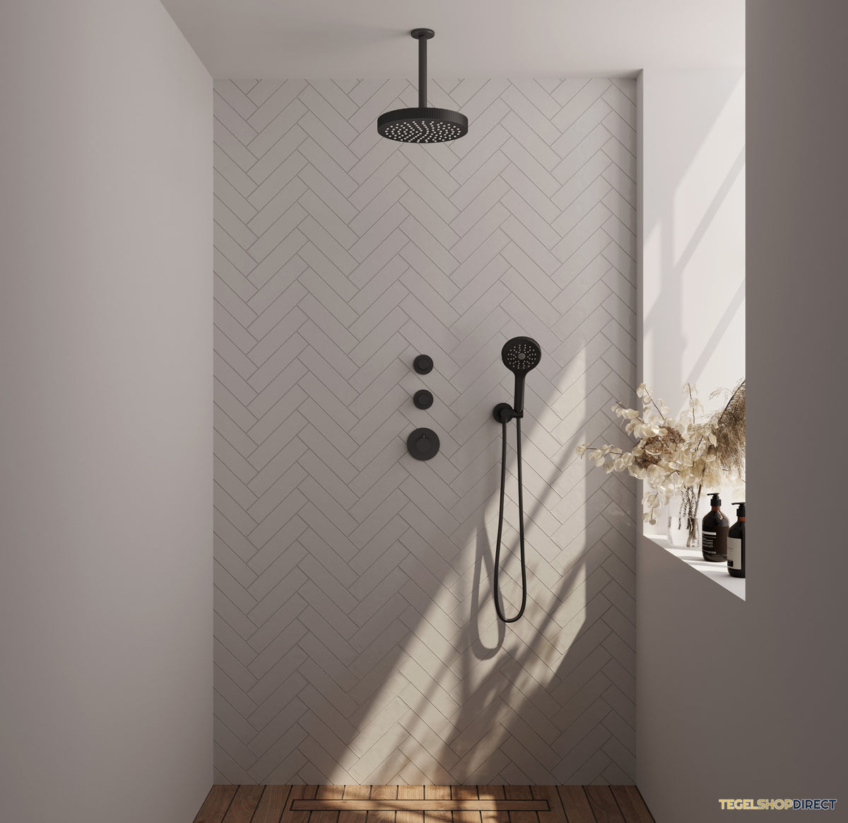 Brauer Stripe thermostatische inbouw regendouche SET 06 met 25 cm douchekop en plafondarm en 3-standen handdouche en doucheslang en wandaansluitbocht mat zwart – afbeelding 2