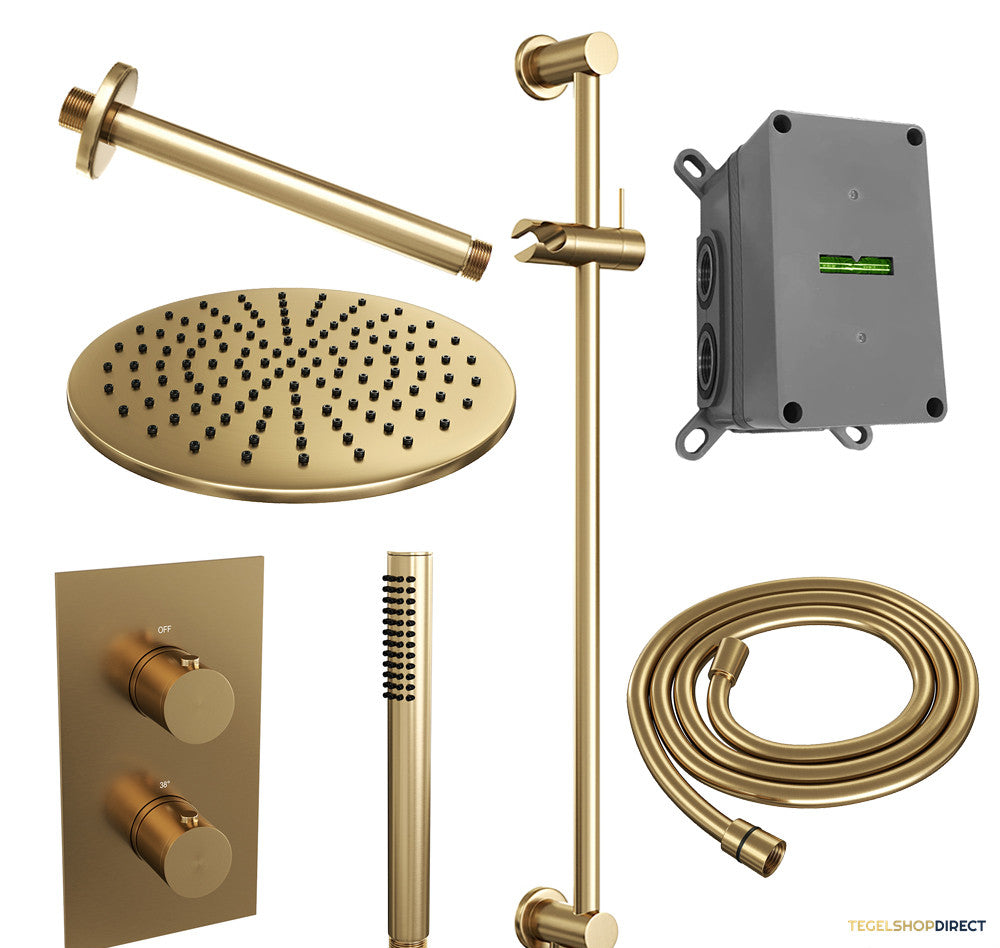 Regendoucheset Inbouw Brauer Gold Edition Thermostatisch 30cm met 3-Weg Omstelling, Plafondarm, Glijstang en Staaf Handdouche Geborsteld Goud – afbeelding 2