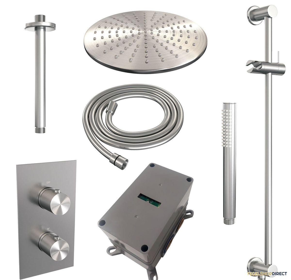 Regendoucheset Inbouw Brauer Brushed Carving Thermostatisch 30cm met 3-Weg Omstelling, Plafondarm, Glijstang en Staaf Handdouche Geborsteld RVS – afbeelding 3