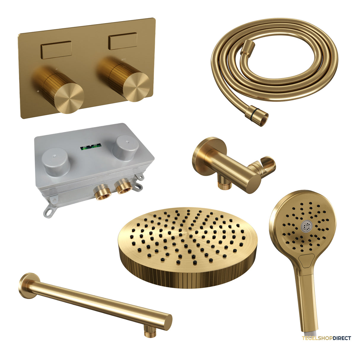 Brauer Stripe thermostatische inbouw regendouche met drukknoppen SET 28 met 25 cm douchekop en rechte muurarm en 3-standen handdouche en doucheslang en wandaansluitbocht goud geborsteld PVD – afbeelding 3