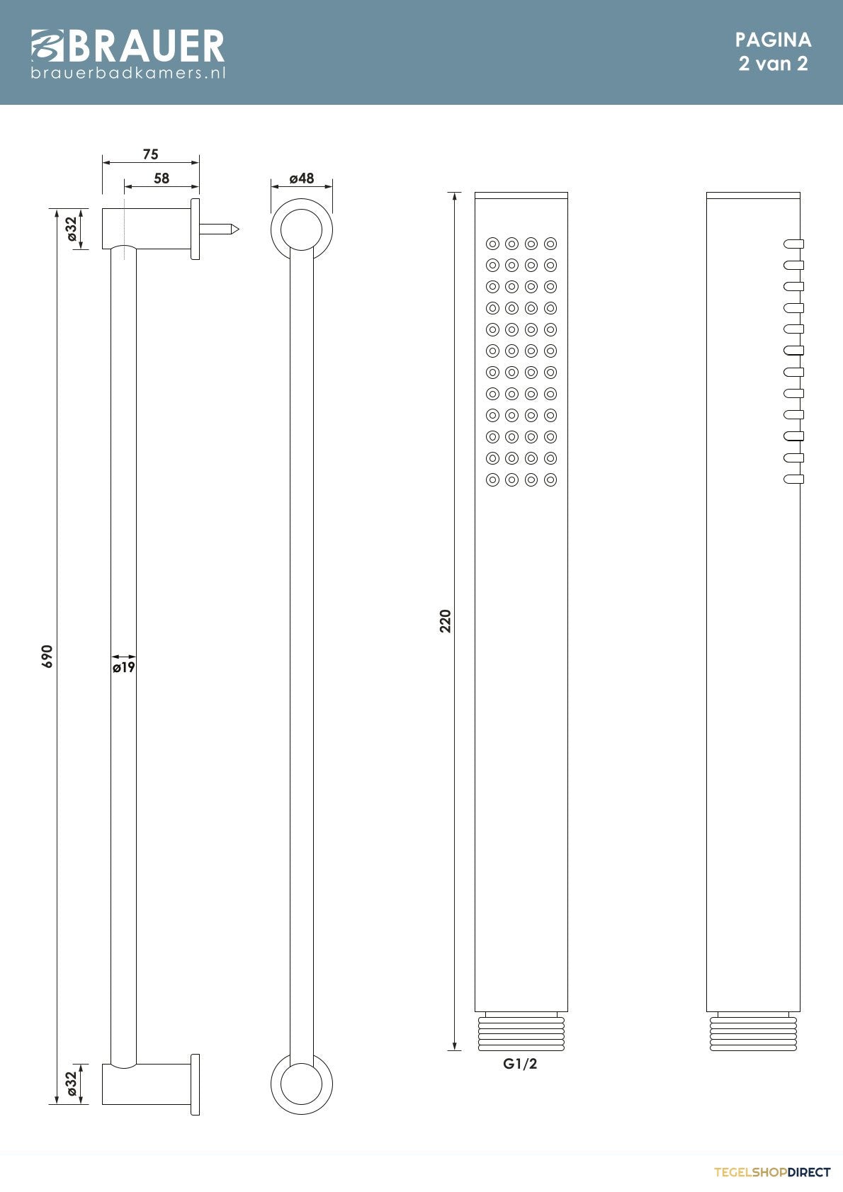 Brauer Stripe opbouw douche thermostaatkraan SET 01 met glijstang en staaf handdouche en doucheslang goud geborsteld PVD – afbeelding 10