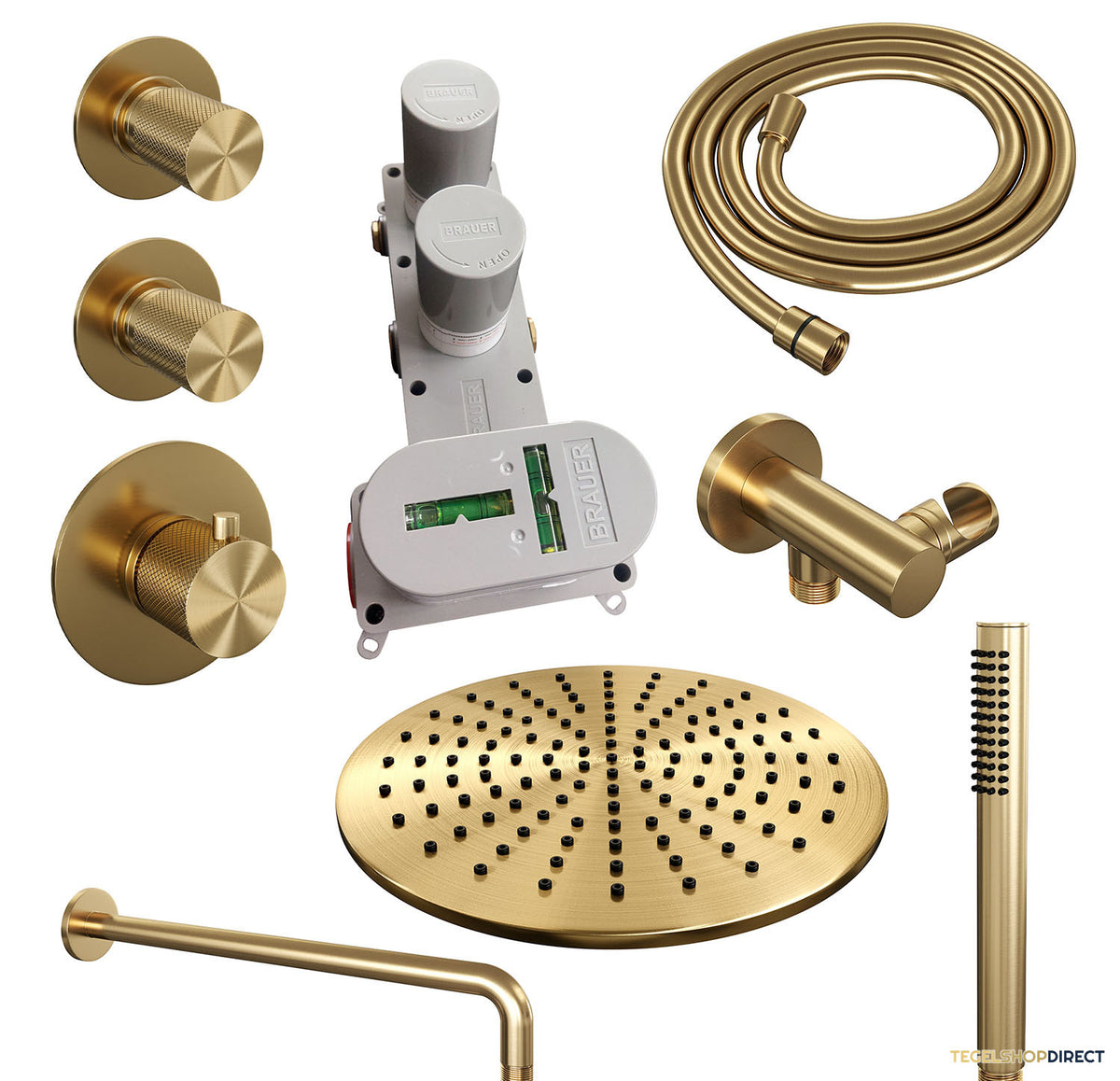 Regendoucheset Inbouw Brauer Gold Carving Thermostatisch 30cm met Gebogen Wandarm en Handdouche Staaf Losse Stopkranen Geborsteld Goud – afbeelding 4