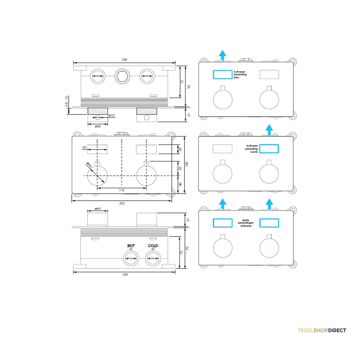 BRAUER Brushed Edition thermostatische inbouw badkraan met drukknoppen SET 04 met uitloop en 3-standen handdouche en doucheslang en wandaansluitbocht RVS geborsteld PVD – afbeelding 9
