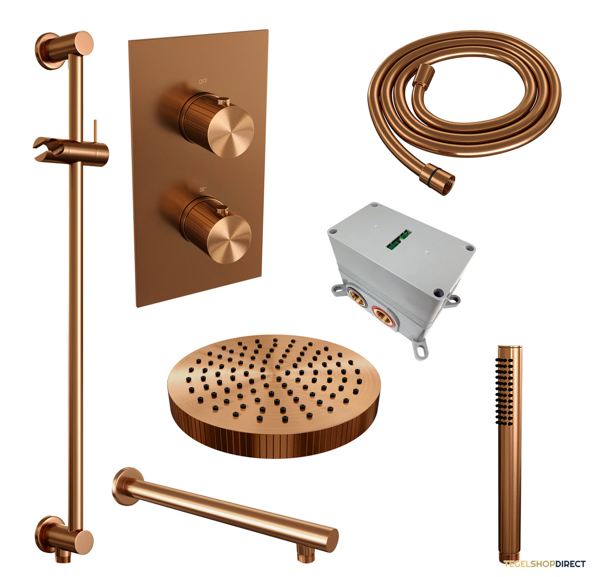 Brauer Stripe thermostatische inbouw regendouche 3-weg rechthoekig SET 19 met 25 cm douchekop en rechte muurarm en staaf handdouche en doucheslang en geintegreerde glijstang koper geborsteld PVD – afbeelding 3