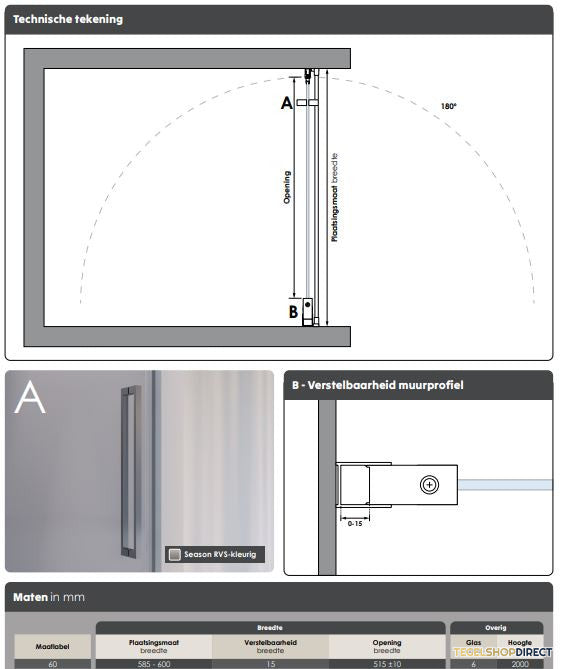 BRAUER Season nisdeur model A met draaideur helder glas 100x200 omkeerbaar incl. glascoating Season-Goud – afbeelding 4