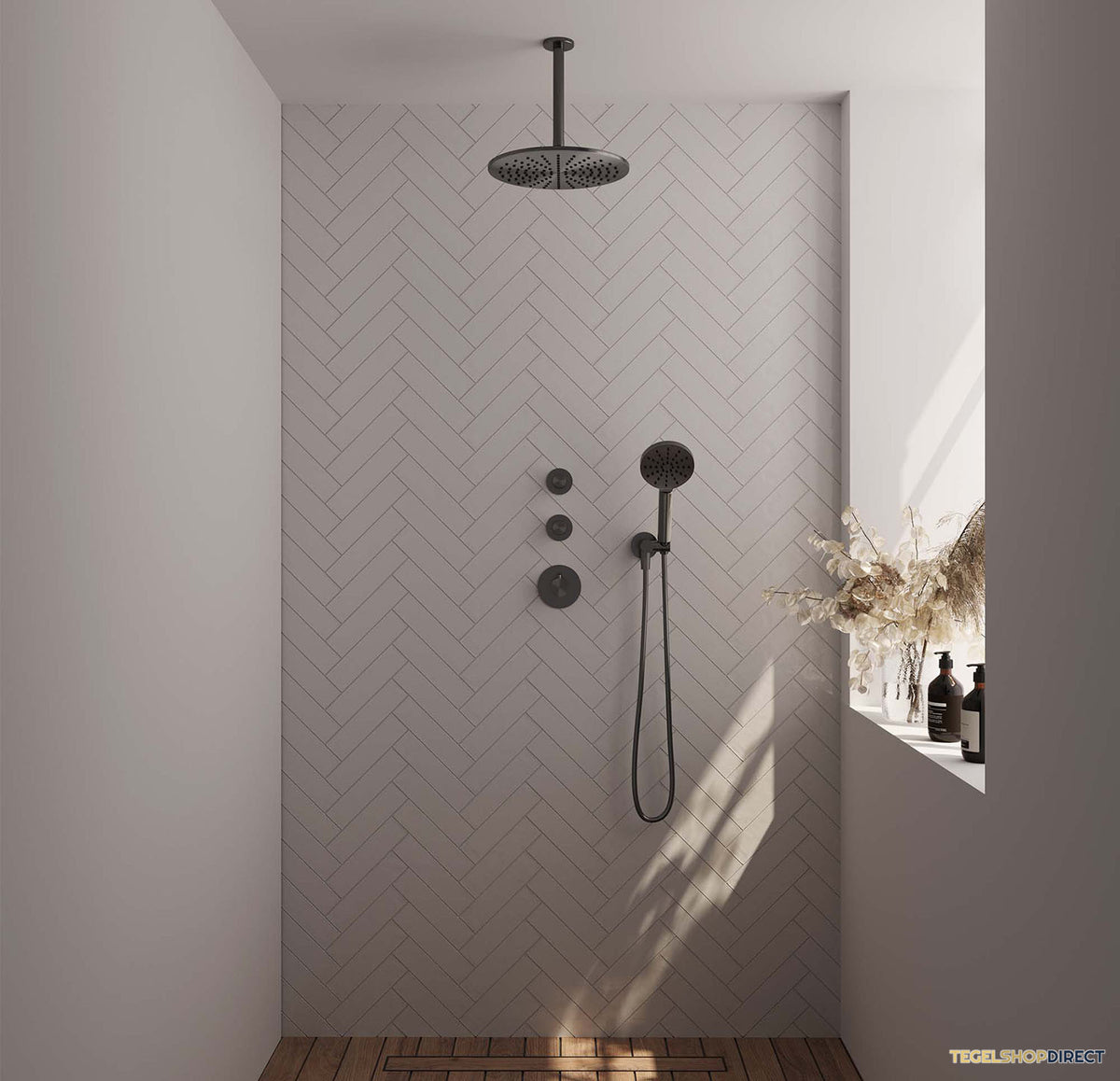 Regendoucheset Inbouw Brauer Gunmetal Edition Thermostatisch 30cm met Plafondarm en Handdouche 3-Standen Losse Stopkranen Geborsteld Gunmetal – afbeelding 2