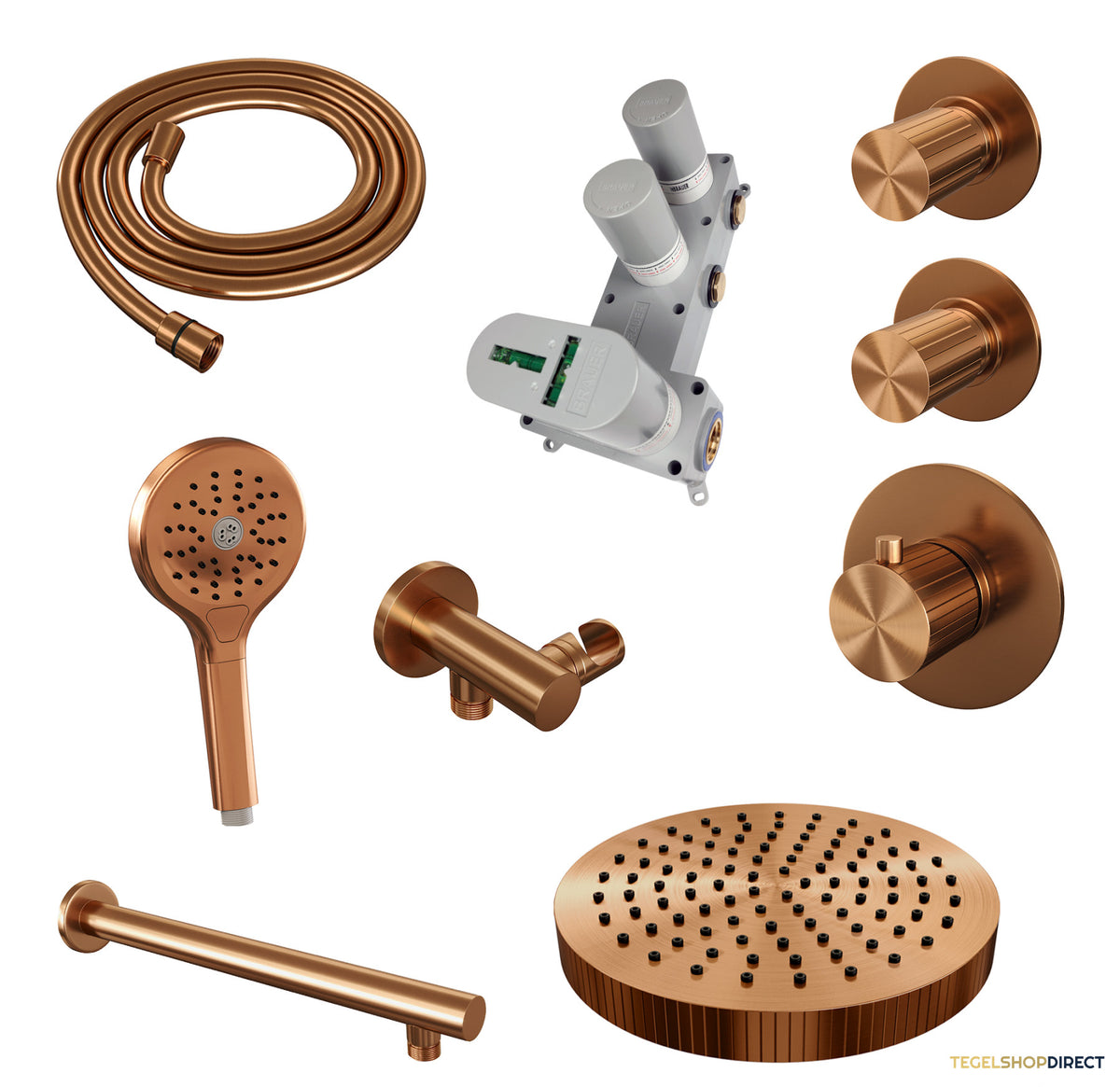 Brauer Stripe thermostatische inbouw regendouche SET 04 met 25 cm douchekop en rechte muurarm en 3-standen handdouche en doucheslang en wandaansluitbocht koper geborsteld PVD – afbeelding 3