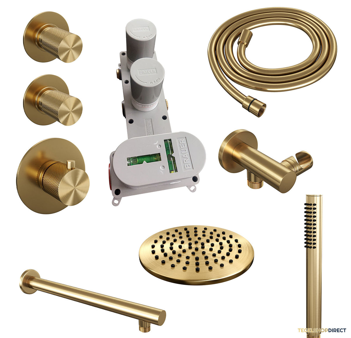 Regendoucheset Inbouw Brauer Gold Carving Thermostatisch 20cm met Wandarm en Handdouche Staaf Losse Stopkranen Geborsteld Goud – afbeelding 4