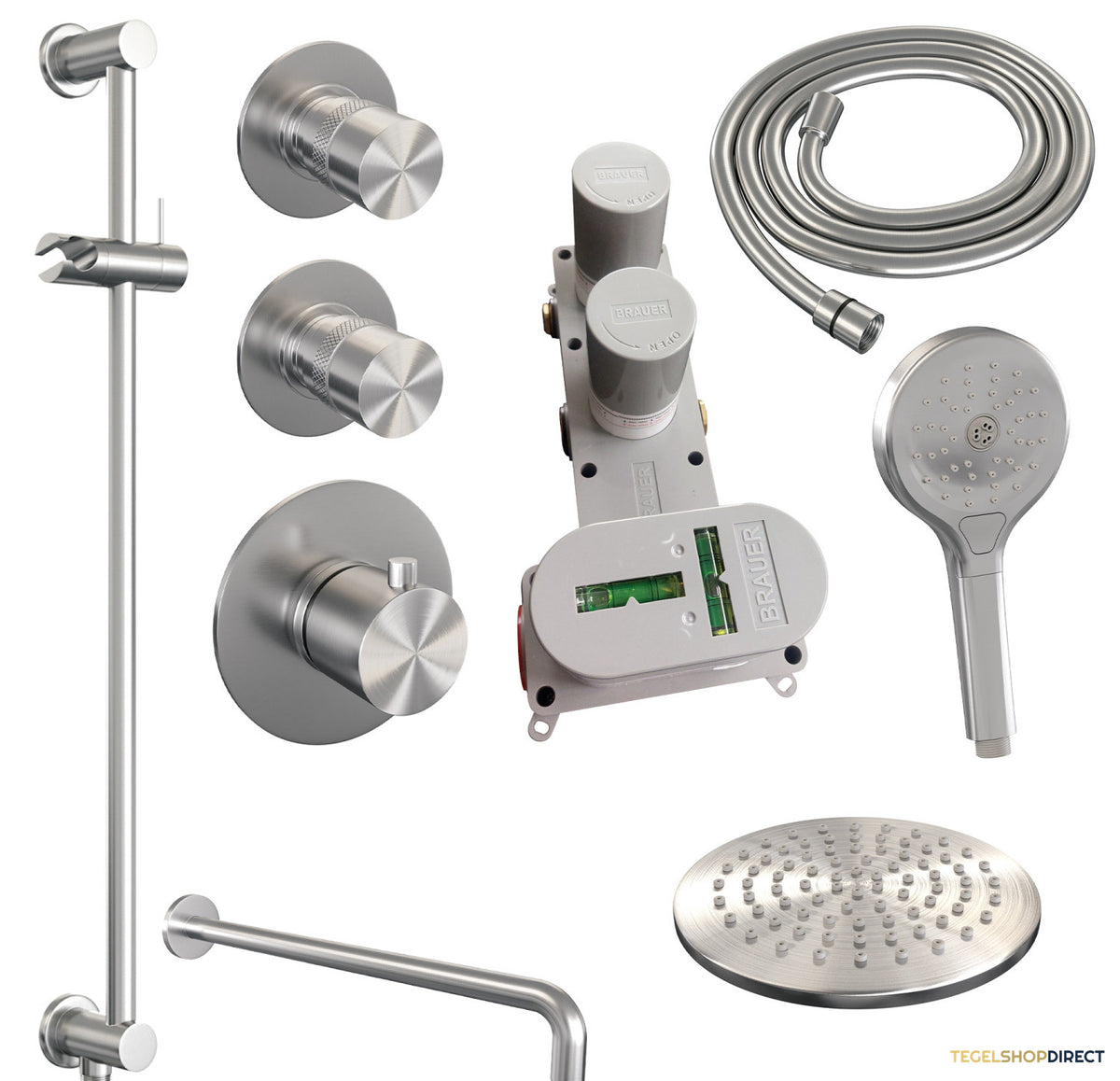 Inbouw Regendouche Set Brauer Brushed Edition Gebogen Wanduitloop Ronde Hoofddouche 20 cm Met Twee Stopkranen Glijstang en Handdouche 3 Standen RVS Look – afbeelding 9
