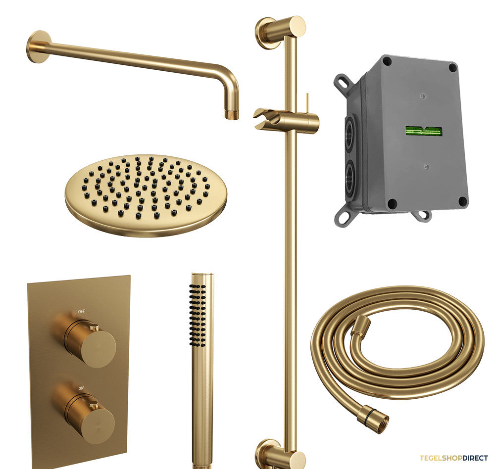 Regendoucheset Inbouw Brauer Gold Edition Thermostatisch 20cm met 3-Weg Omstelling, Gebogen Wandarm, Glijstang en Staaf Handdouche Geborsteld Goud – afbeelding 2